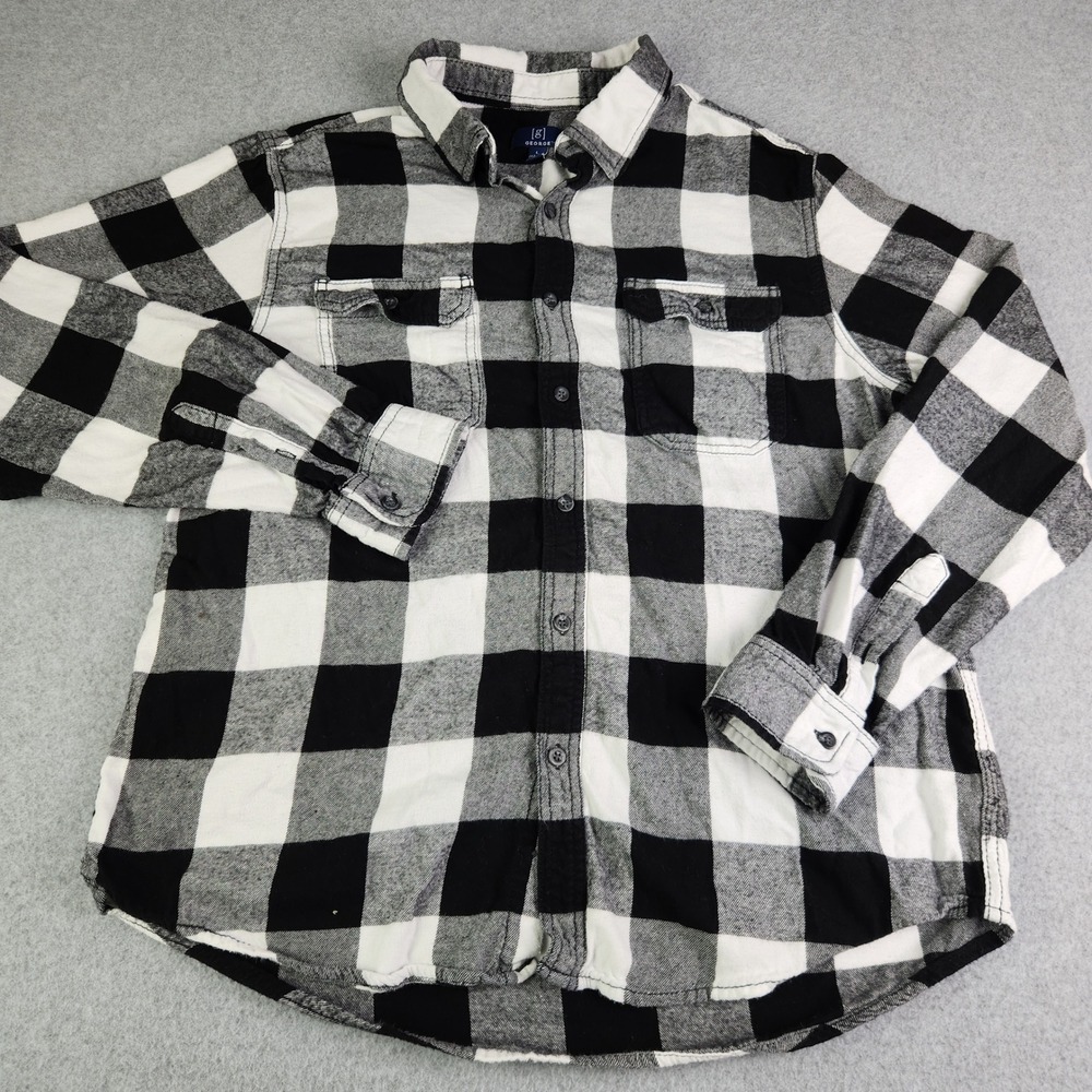 George Flannel Shirt Mens Large Black White Buffalo Plaid Regular Fit Button Up